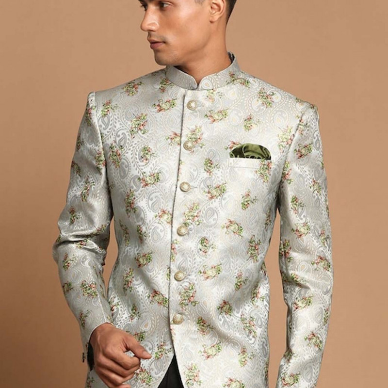 Men Green Self-Design Jodhpuri Blazer