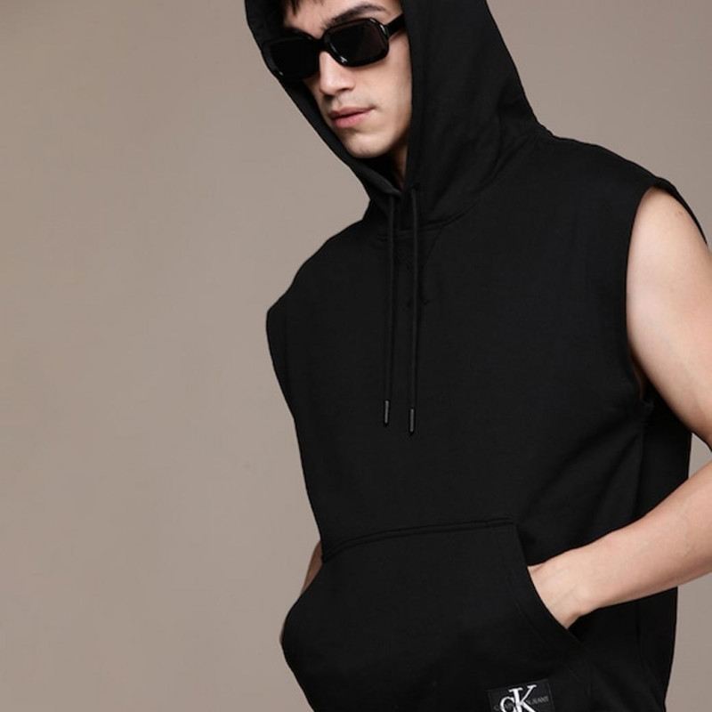 Men Black Solid Sleeveless Hooded Sweatshirt