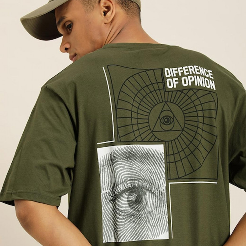 Men Olive Green Graphic Printed Pure Cotton Oversized T-Shirt