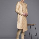 Men White Ethnic Motifs Printed Raw Silk Kurta with Pyjamas & Nehru Jacket