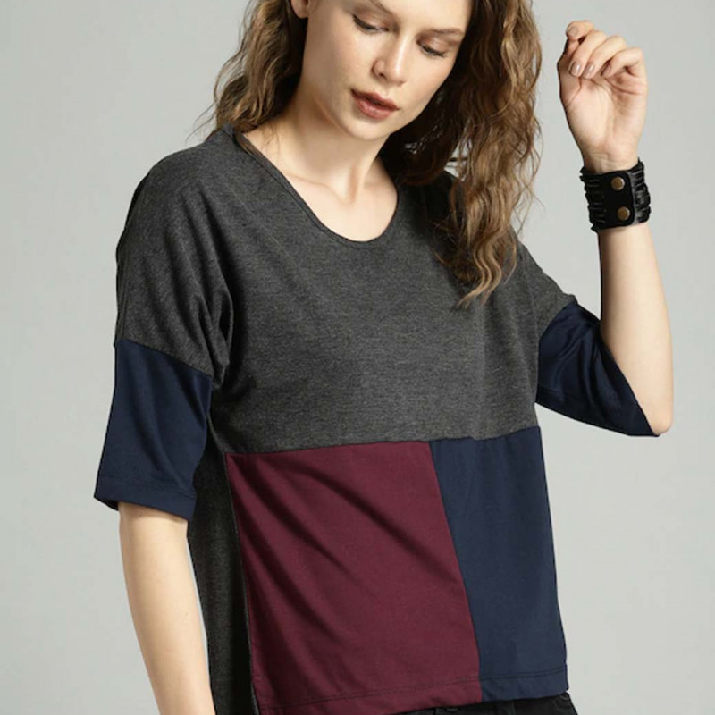 Women Charcoal Grey & Maroon Colourblocked Cotton T-shirt