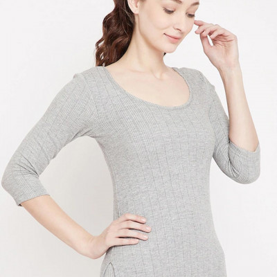 Women Grey Melange Striped Slim-Fit Thermal Top