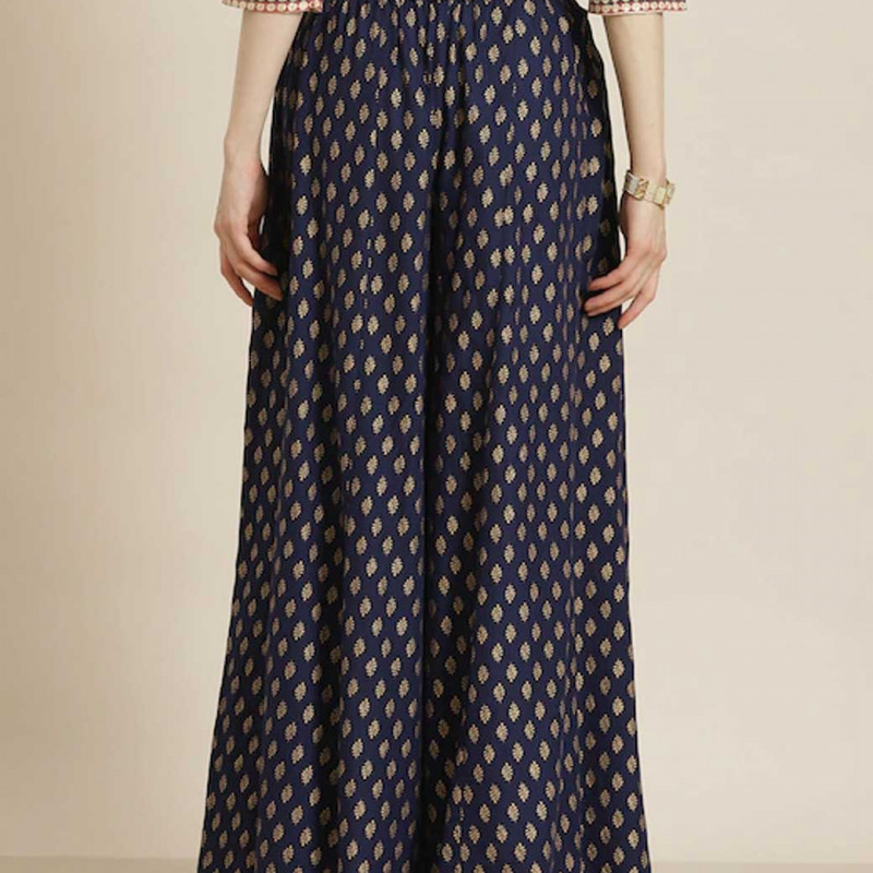 Women Navy Blue & Golden Ethnic Motifs Printed Flared Palazzos