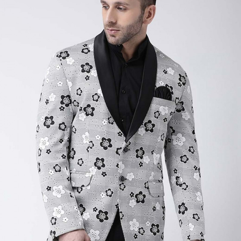 Men Grey Printed Single Breasted Blazer