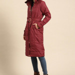 Women Maroon Longline Hooded Parka Jacket with Belt