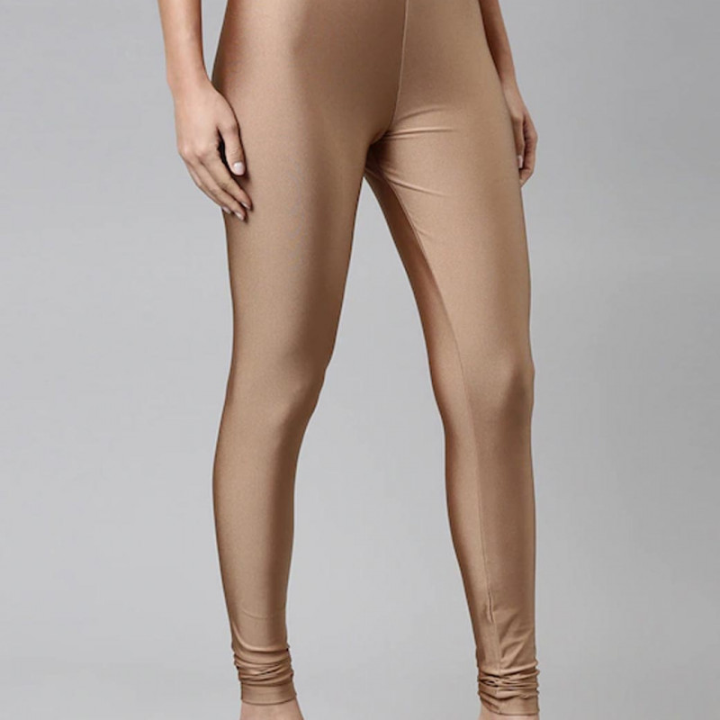 Women Gold Coloured Solid Shimmer Churidar Length Leggings