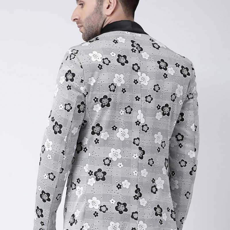 Men Grey Printed Single Breasted Blazer