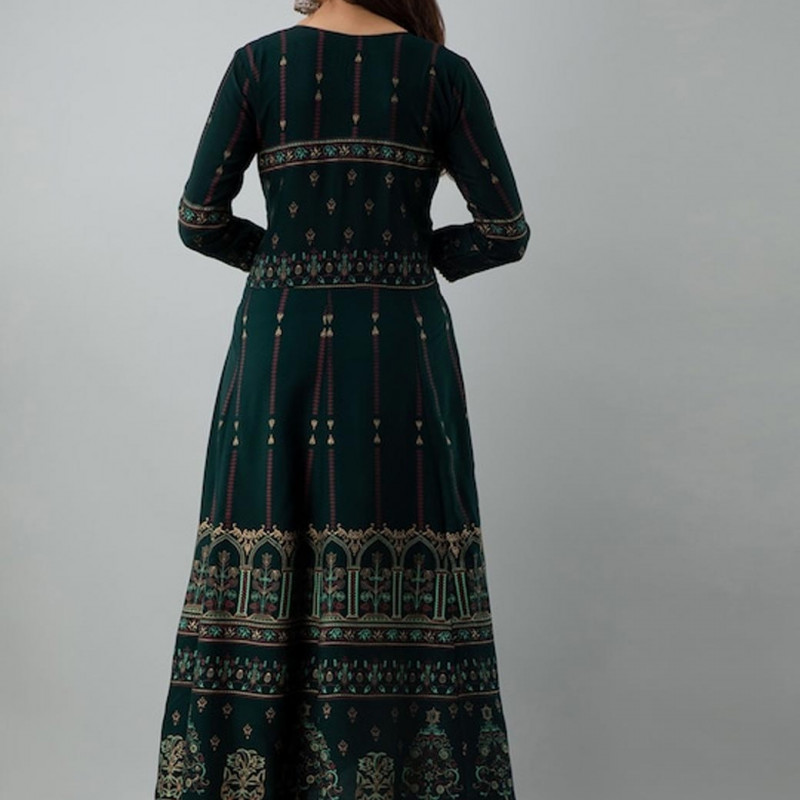 Women Green & Yellow Ethnic Motifs Printed Thread Work Anarkali Kurta